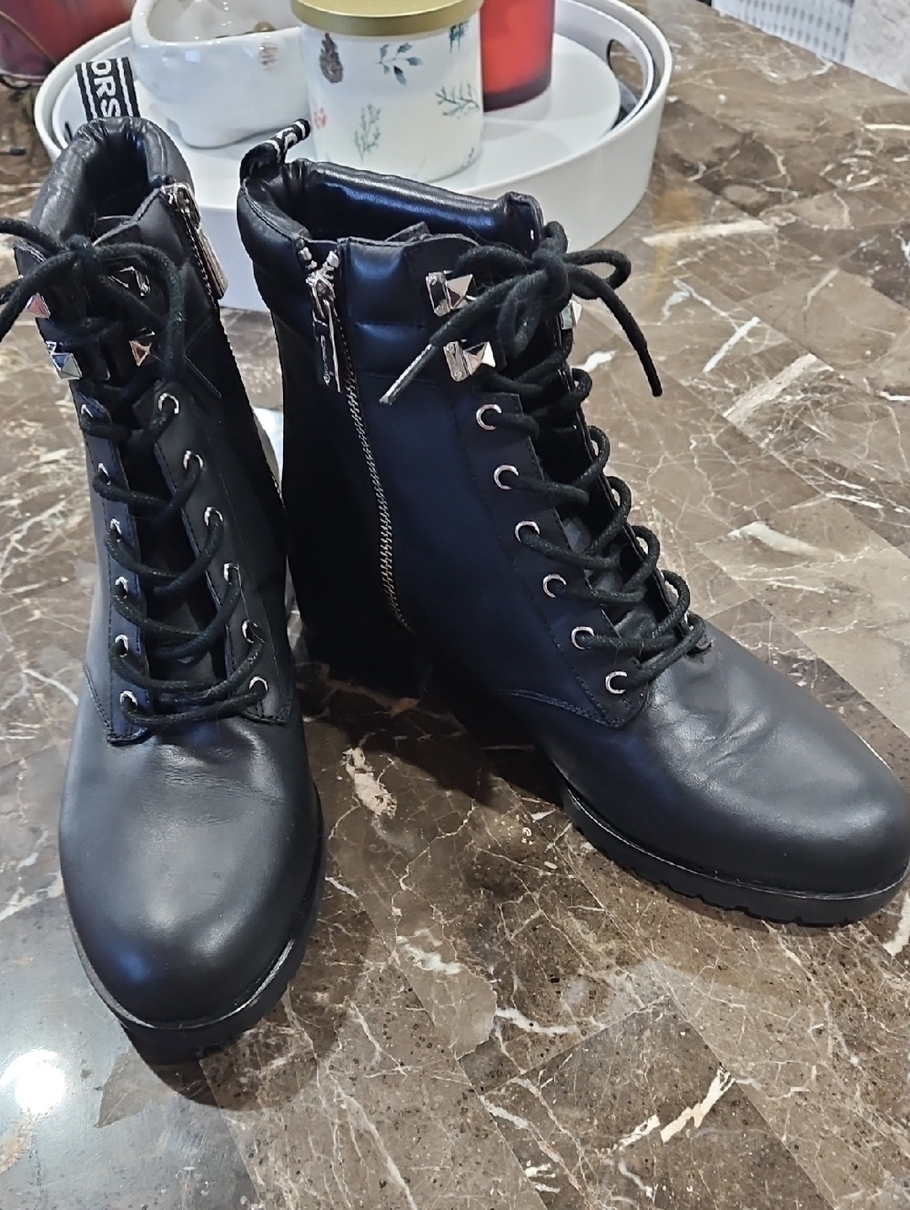 Michael Kors Black Lace-Up Ankle Boots with Side Zip and Stud Accents